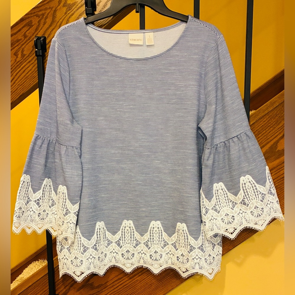 Chico's striped top with lace trim and bell sleeves Blue And White SZ.1 Women’s